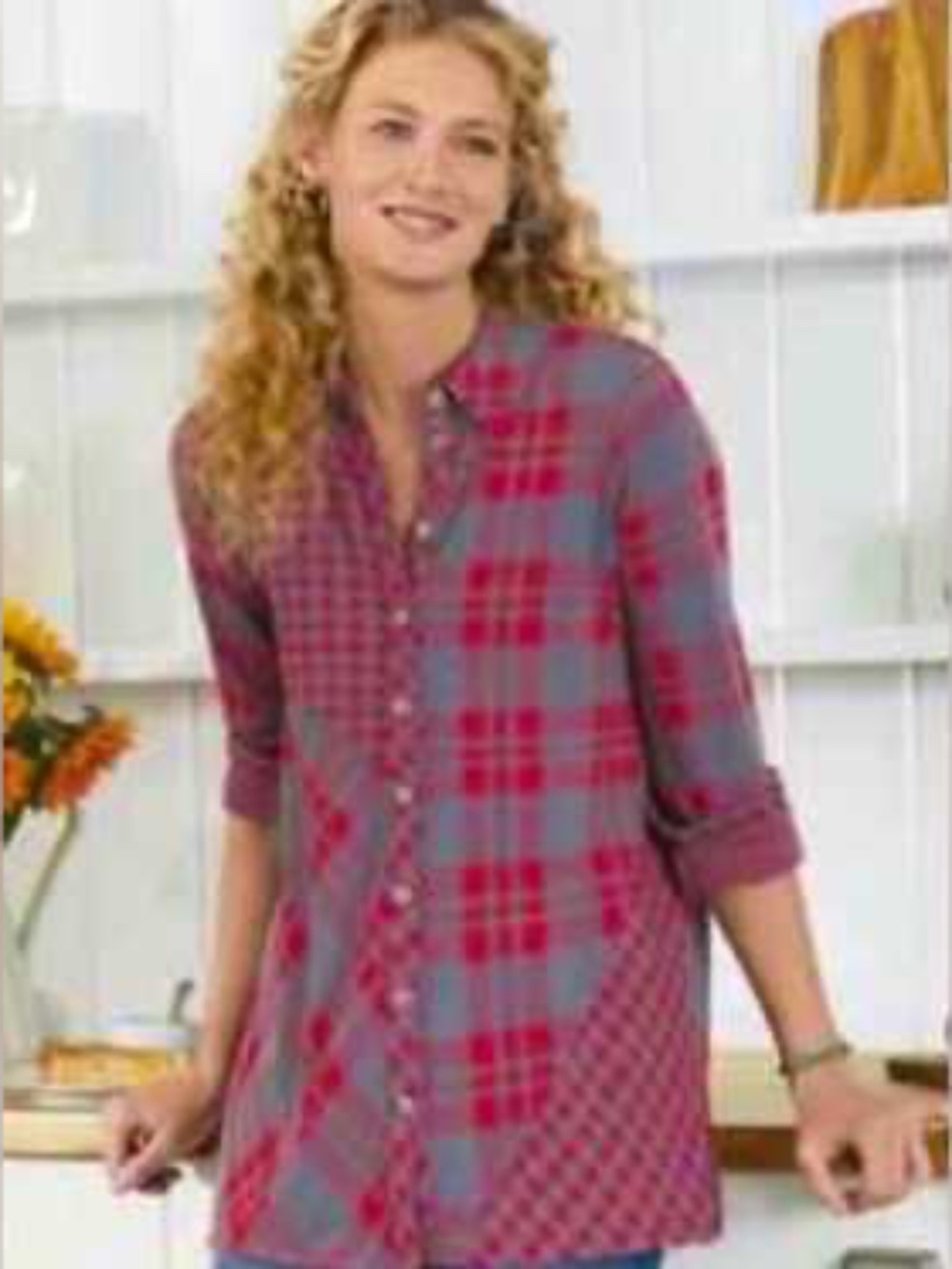 Soft Surroundings Paramour Plaid Tunic in red and gray patchwork 3X